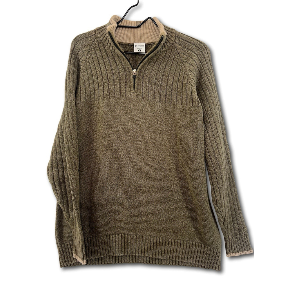 Columbia Lichen Green Ribbed Cotton Knit 1/4 Zip Tipped Sweater Pullover Men's M
